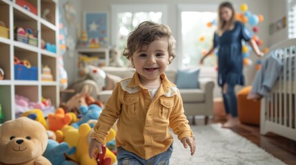 Fototapeta premium child in a bright, spacious playroom walking toward a pile of plush toys, with supportive family members watching and smiling from a short distance