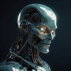 Fototapeta premium Closeup of a futuristic robotic head with glowing eyes.