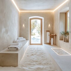 Tranquil spa interior featuring soft textures, natural light, and minimalistic design, evoking relaxation and serenity.