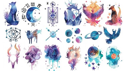 Naklejka premium Astrology-themed tarot cards,Clipart, watercolor illustration, Perfect for nursery art The style is hand drawn, white background