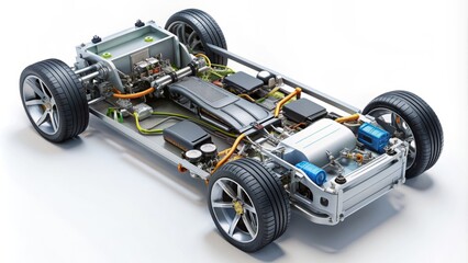 Detailed 3D cutaway illustration of a hydrogen fuel cell electric vehicle's undercarriage, showcasing internal components of the high-voltage system perspective on a white background.