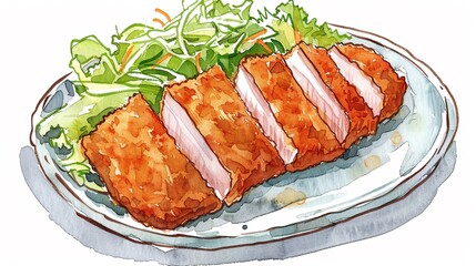 Tonkatsu pork cutlet with shredded cabbage,Clipart, watercolor illustration, Perfect for nursery art The style is hand  drawn, white background