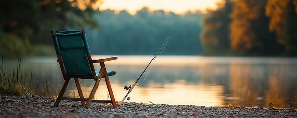 Closeup of a camp chair by the lake, fishing pole leaning against it, Labor Day
