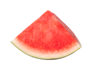 Front view of red watermelon slice or quarter isolated with clipping path in png file format