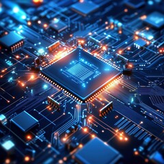 Obraz premium A close-up view of a glowing microchip on a circuit board, showcasing intricate designs and vibrant circuitry.