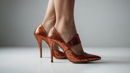 pair of high-heeled shoes with a sparkly copper finish.