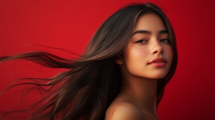 Obraz premium A young woman with flowing hair poses gracefully against a striking red background