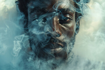 Man with intense gaze surrounded by ethereal smoke mist