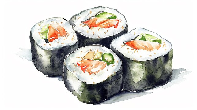 Sushi Roll With Fish, Rice, And Seaweed,Clipart, Watercolor Illustration, Perfect For Nursery Art The Style Is Hand  Drawn, White Background