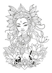 Cute girl in a beautiful headdress decorated with flowers. Coloring page. Art therapy for children and adults. Black and white illustration for coloring.