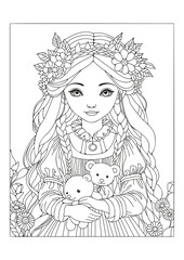 Cute girl holding two teddy bears. Coloring page. Art therapy. Therapy for children and adults. Illustration for coloring.