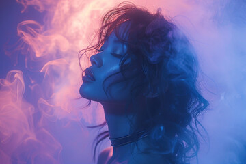 Dramatic portrait of woman in neon lights and smoke