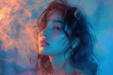 Dramatic portrait of woman in neon lights and smoke