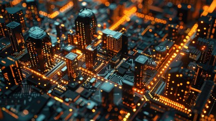 Neon-lit circuit boards creating a cityscape