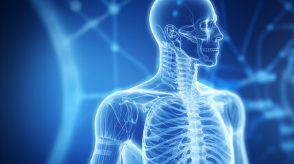 An anatomical illustration of a human skeleton with a glowing effect.