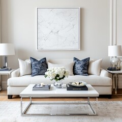 Elegant living room featuring a cozy sofa, decorative pillows, and stylish coffee table, enhanced by subtle natural light.