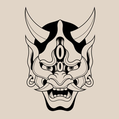 Hand drawn traditional tattoo of a Japanese oni mask outline 9