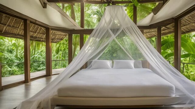  Bed with White Sheets and a Mosquito Net in a Jungle Setting