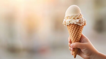 Closeup of a child s hand holding an ice cream cone, melting in the sun, Labor Day treat