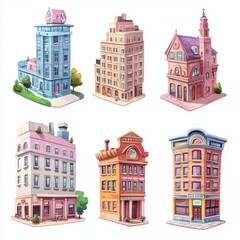 Fototapeta premium A collection of colorful building illustrations showcasing unique architecture and various styles for creative projects.