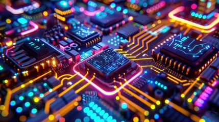 Neon-lit circuit boards creating a cityscape