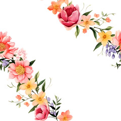 Naklejka premium Seamless Watercolor Bouquet of Spring and Summer Colorful Flowers with Border Patterns on a White Background. Abstract Floral 3D Landscape Wall Sticker. HD Seamless Flower Wallpaper