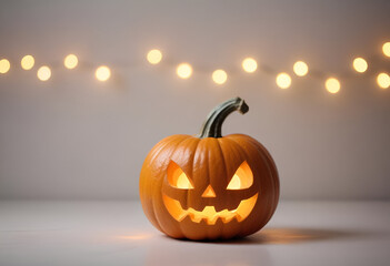 Fototapeta premium Carved jack-o'-lanterns with glowing faces, surrounded by string lights against a dark background
