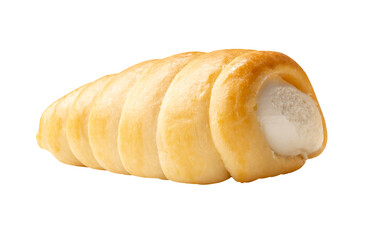 Side view of puff pastry cream horn isolated in png file format
