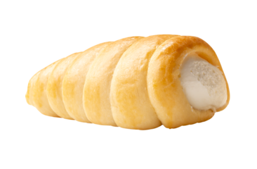Side view of puff pastry cream horn isolated in png file format