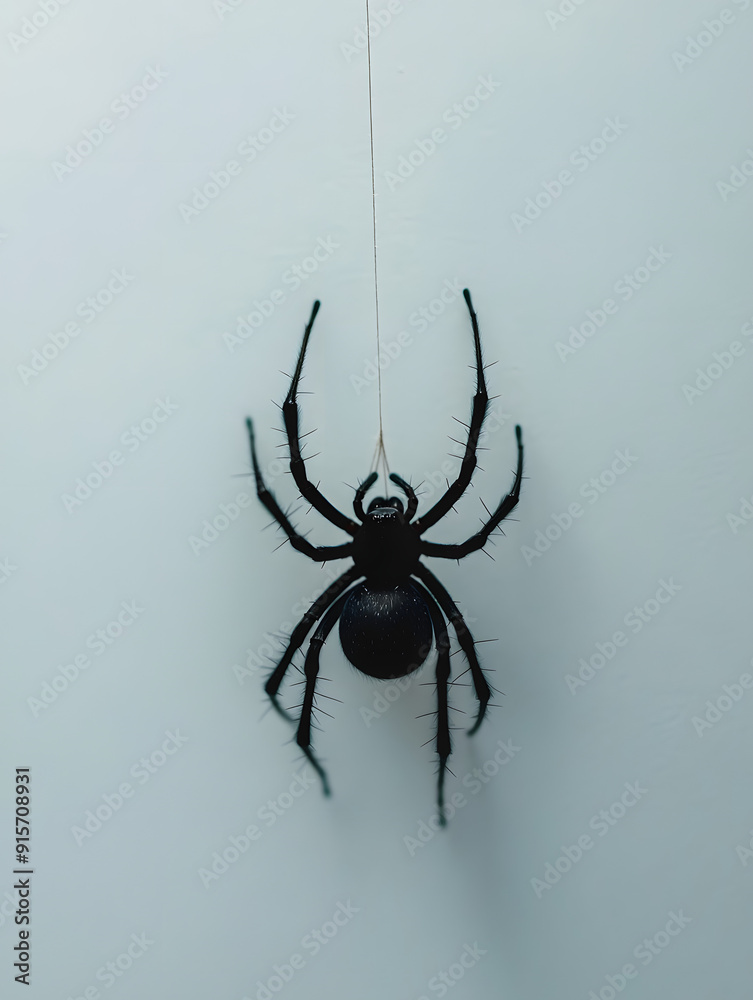Wall mural a black spider is hanging from string