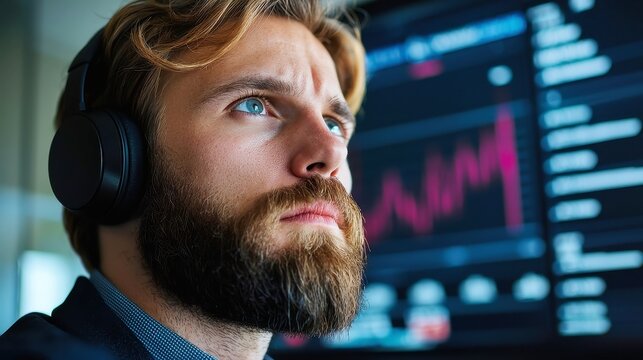 Business analyst engaged in analysis, wearing a headset, surrounded by charts and data visualizations, emphasizing a contemporary office environment and focus on productivity