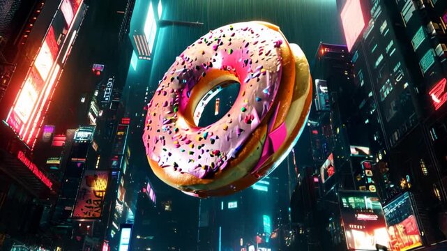 Giant floating donut with sprinkles in a neon-lit futuristic cityscape