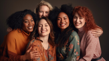 Fototapeta premium Group of diverse multiethnic young women smiling and embracing together in a studio setting.