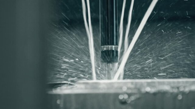 Close-up of a cnc machine tool spraying coolant during milling, showcasing precise engineering and industrial technology in action