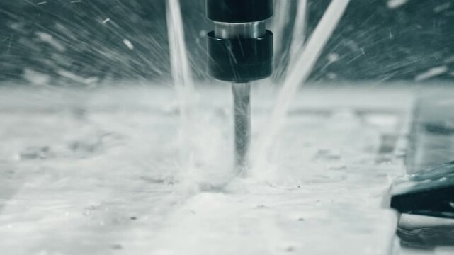 Close-up footage of a cnc machine drilling metal with fluid coolant spraying for cooling and lubrication. High-speed action of industrial manufacturing process