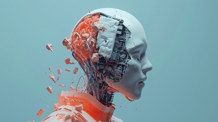 AI Innovation, a conceptual representation of artificial intelligence embodied in a human head, emphasizing creativity and technology in a minimalist environment.