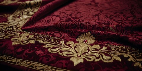 Luxurious crimson red textile with ornate gold patterns, symbolizing richness and elegance in apparel.