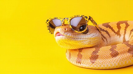 Fototapeta premium Trendy Snake in Sunglasses, an eye-catching illustration of a stylish snake adorned with spots, lounging against a vibrant yellow backdrop, perfect for playful designs.