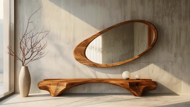 Organic shaped asymmetrical mirror with a wooden frame on the wall in front of the bench, wabi sabi interior design	
