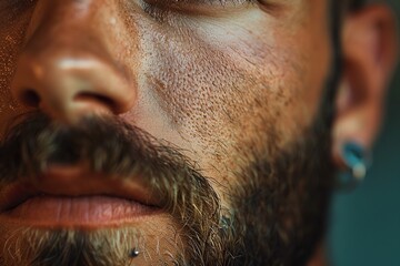 A close-up portrait of a man with a lip piercing, highlighting his strong features and subtle smile. The lighting creates contrasting shadows that accentuate the small diamond lip stud.