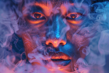 Close-up portrait with fiery eyes and blue smoky background