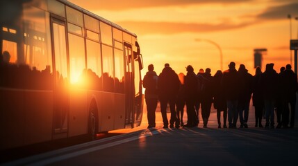 Fototapeta premium Silhouettes boarding bus at sunset, warm tones, high resolution, city street background
