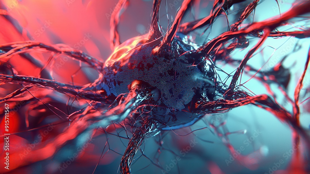 Poster abstract illustration of artificial intelligence interconnected web, showcasing intricate network pa
