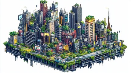 Neo Tokyo Steampunk Cityscape, vibrant pixel art depicting a lush green urban landscape, featuring futuristic architecture, detailed isometric view, isolated on white backdrop