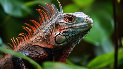 Fototapeta premium A Green Iguana with a Striking Red Crest and Blue Scales