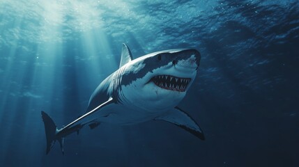 Naklejka premium A dramatic shot of a great white shark circling its prey, showcasing its powerful jaws and streamlined body