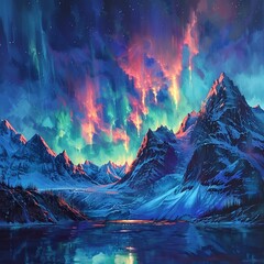 Breathtaking view of mountains under the Northern Lights, showcasing the natural beauty and wonder of the night sky. Perfect for themes of serenity, adventure, and majestic landscapes