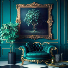 Elegant Interior Design with Blue Velvet Sofa and Ornate Gold Frame