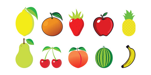 colorful cartoon fruit vector set. lemon, orange, strawberry, apple, pineapple, pear, cherries, peach, watermelon, and banana illustrations