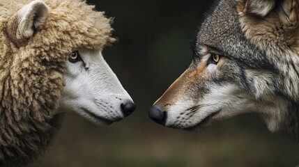Close-up of a Sheep and Wolf Facing Each Other